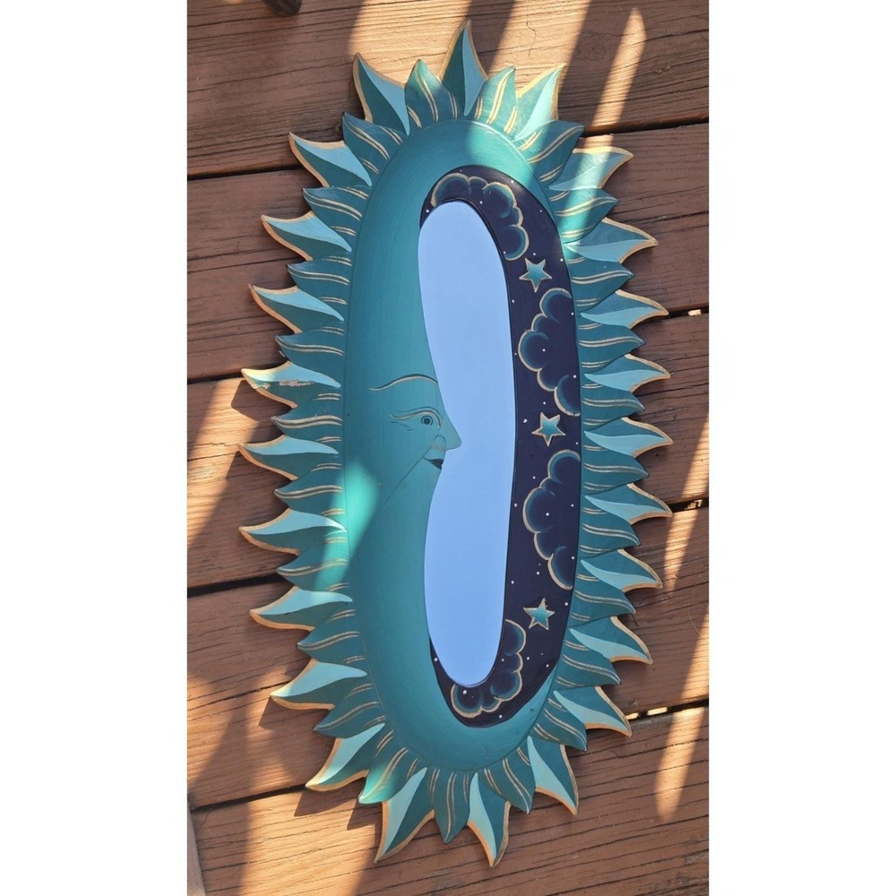 VTG 90s Celestial Sun Moon Star Mirror 23x12" Hand Painted Whimsical Oval Blue